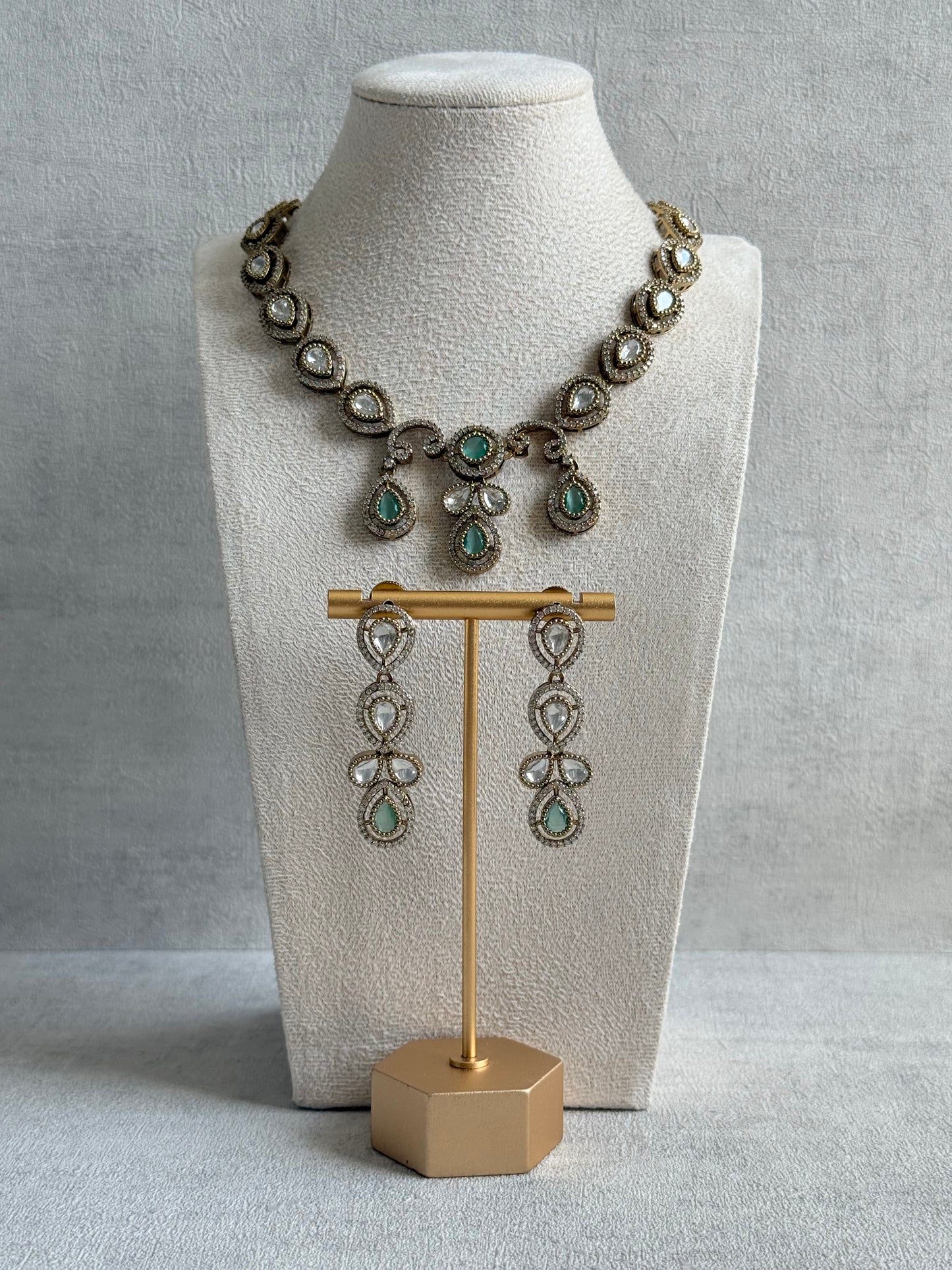 Ayura Designs Bianca Necklace Set with Earrings – Mint Green & White Kundan, Crystals & Gold Finish