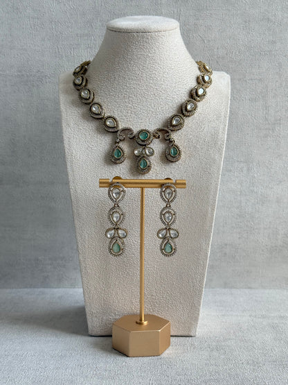 Ayura Designs Bianca Necklace Set with Earrings – Mint Green & White Kundan, Crystals & Gold Finish