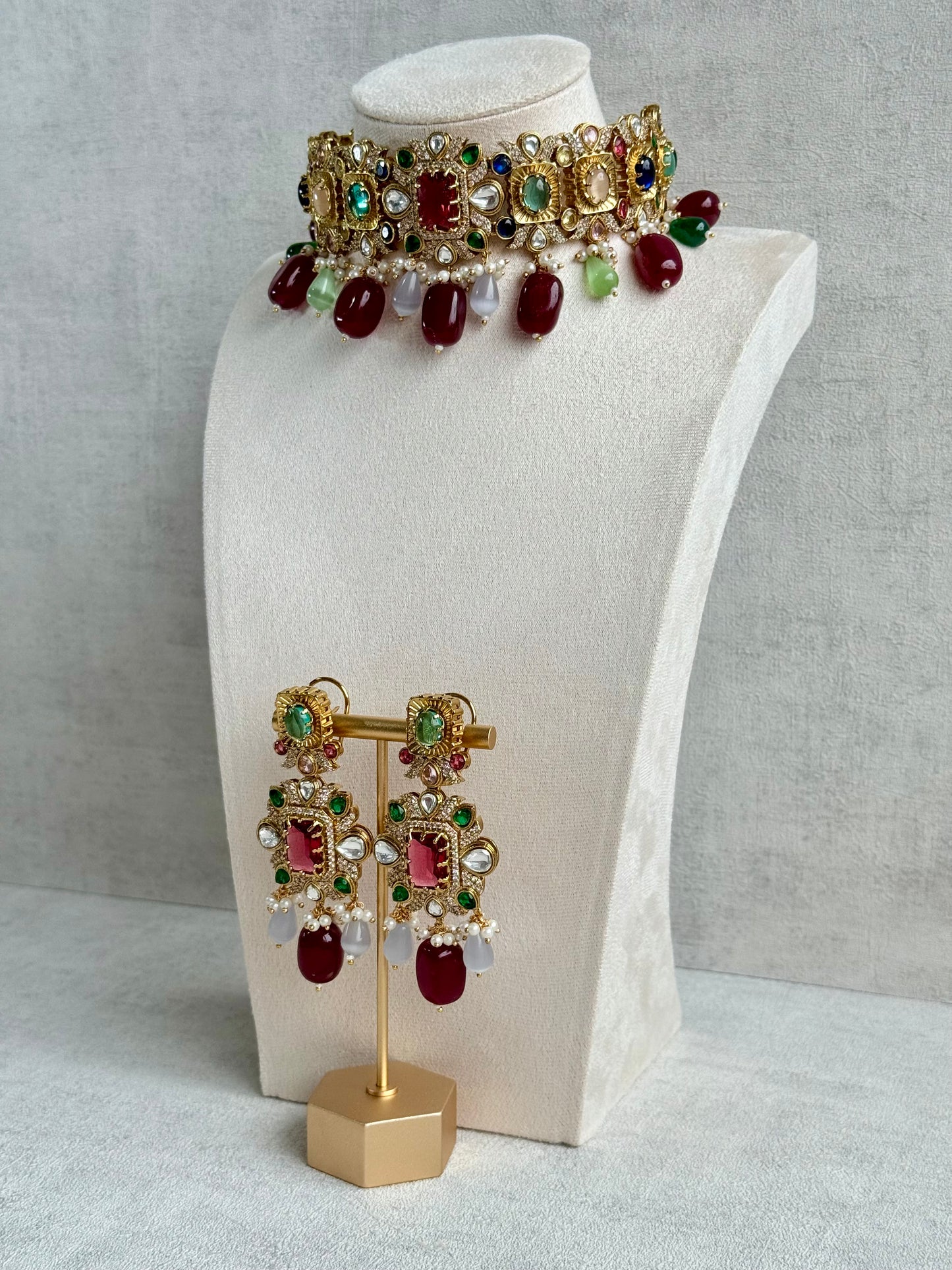 Ayura Designs Hazel Choker Set with Earrings – Multicolour Crystals & Ruby Drop Beads