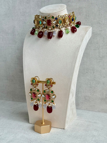 Ayura Designs Hazel Choker Set with Earrings – Multicolour Crystals & Ruby Drop Beads
