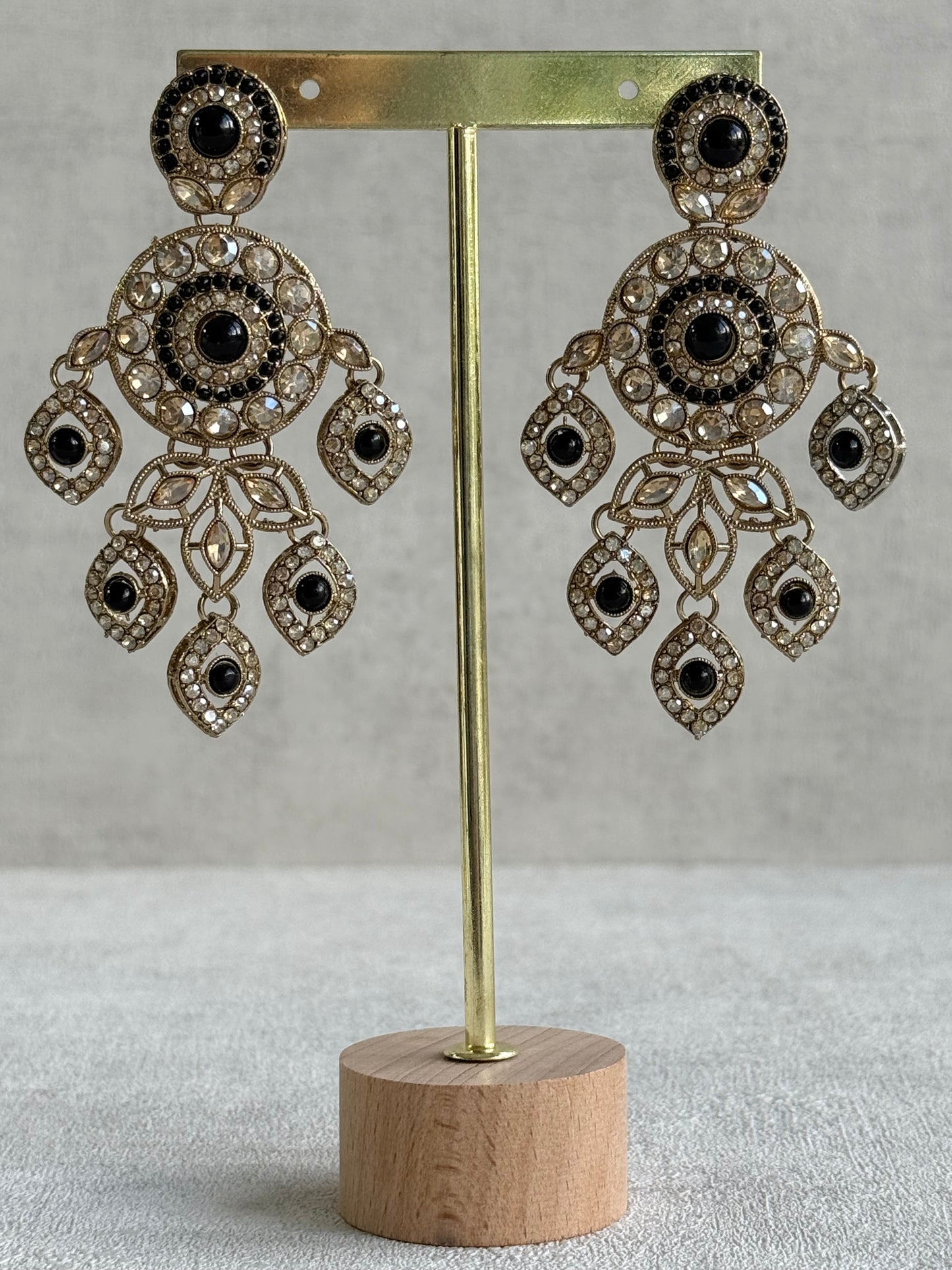 Ayura Designs Vanika Earrings – Black & Champagne Crystal Gold Finish