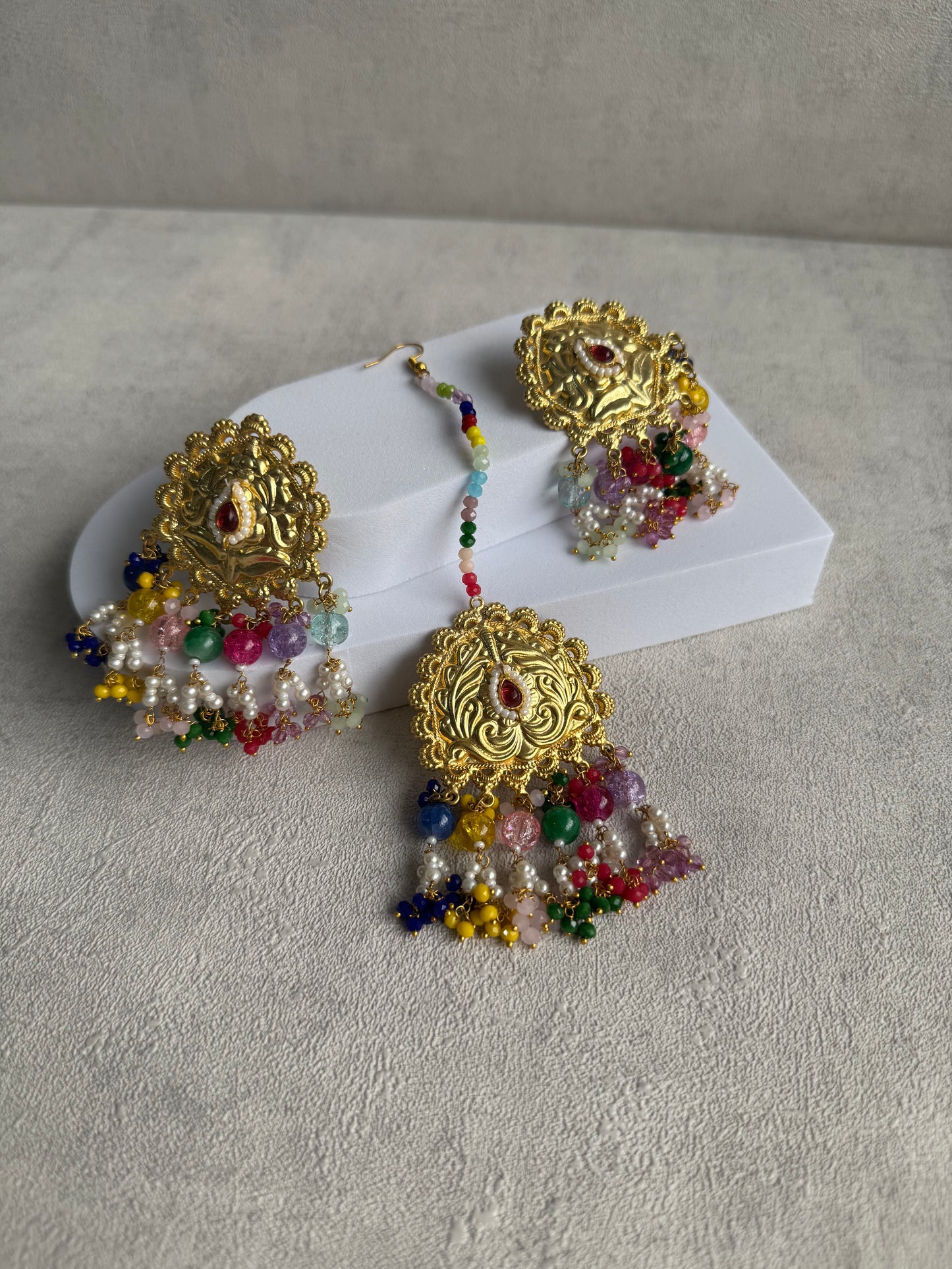 Ayura Designs Rangoli Tikka Set with Earrings – Antique Gold Finish, Multicolour Beads & Pearl Detailing