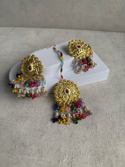 Ayura Designs Rangoli Tikka Set with Earrings – Antique Gold Finish, Multicolour Beads & Pearl Detailing