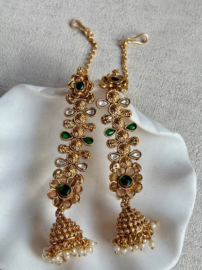 Ayura Designs Keerti Jhumkis – Antique Gold Kannauti Earrings with Emerald Green Stones, Mirror-Cut Detailing & Pearl Drops