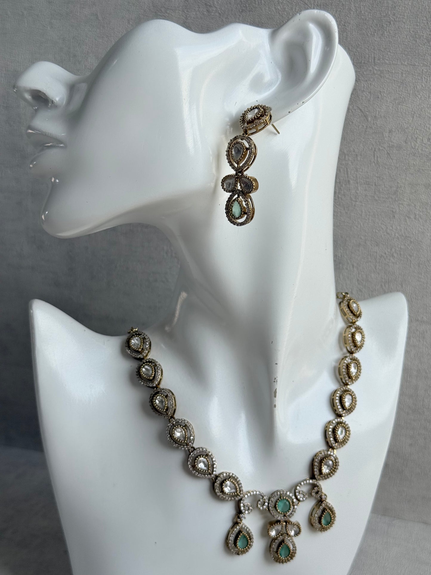 Ayura Designs Bianca Necklace Set with Earrings – Mint Green & White Kundan, Crystals & Gold Finish