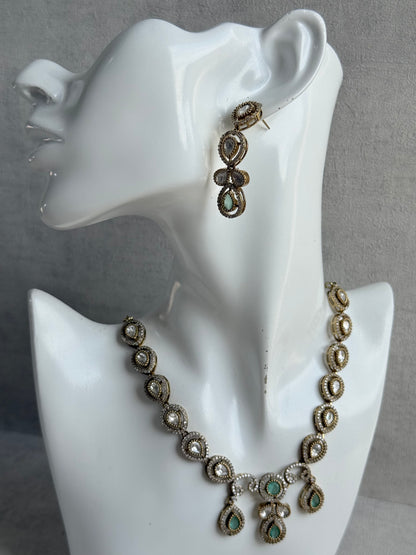 Ayura Designs Bianca Necklace Set with Earrings – Mint Green & White Kundan, Crystals & Gold Finish