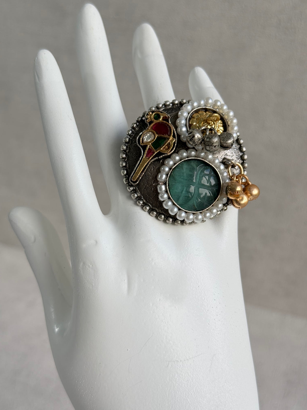 Ayura Designs Mihika Adjustable Ring – Oxidised Statement Ring with Green Stone, Pearl Detailing & Parrot Motif