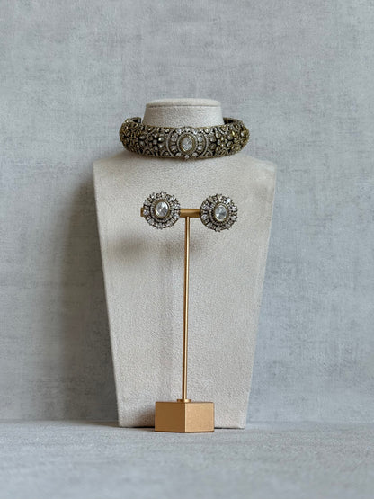 Ayura Designs Genevieve Choker Set with Studs – Crystal Kundan in Antique Gold
