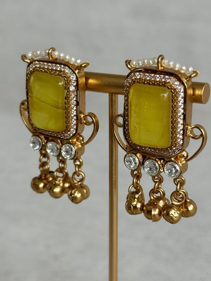 Ayura Designs Aleena Earrings – Marigold Stone Stud Earrings with Pearls & Ghungroo Detailing