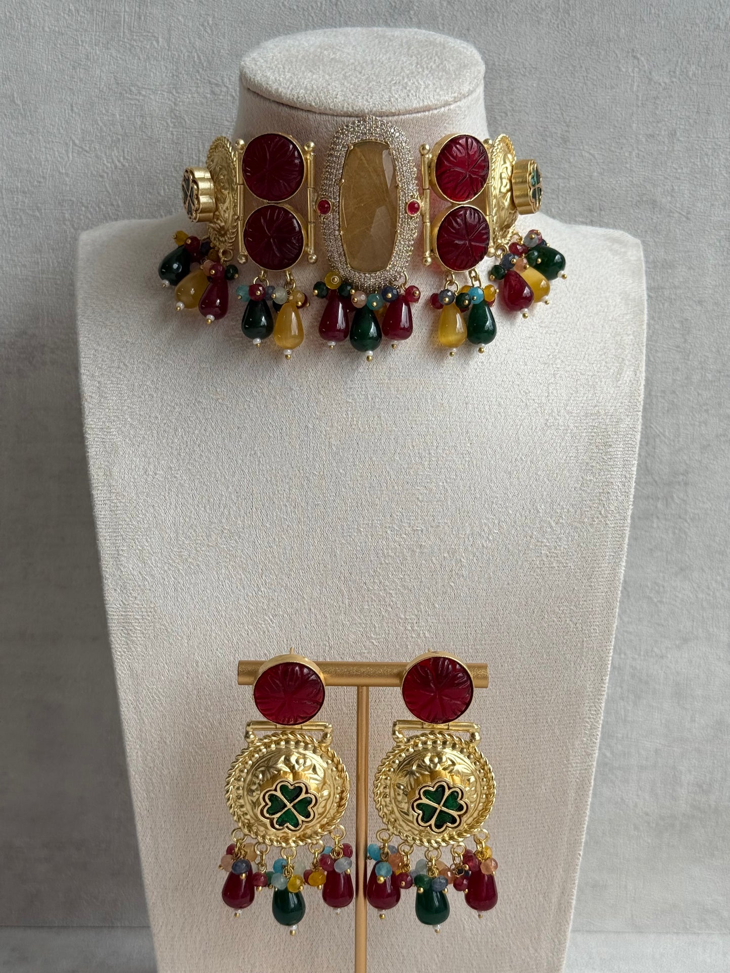Ayura Designs Faizaan Choker Set with Earrings – Multicolour Stone Drops, Carved Ruby Details & Antique Gold Finish
