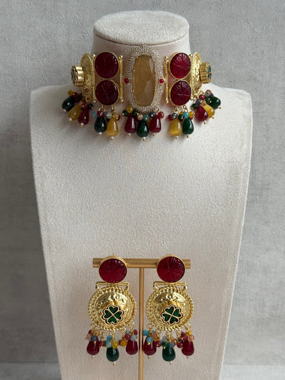 Ayura Designs Faizaan Choker Set with Earrings – Multicolour Stone Drops, Carved Ruby Details & Antique Gold Finish