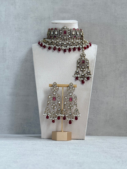 Ayura Designs Aisha Choker Set with Earrings & Tikka – Rani Pink Stones, Red Beads, Polki & Pearl Detailing