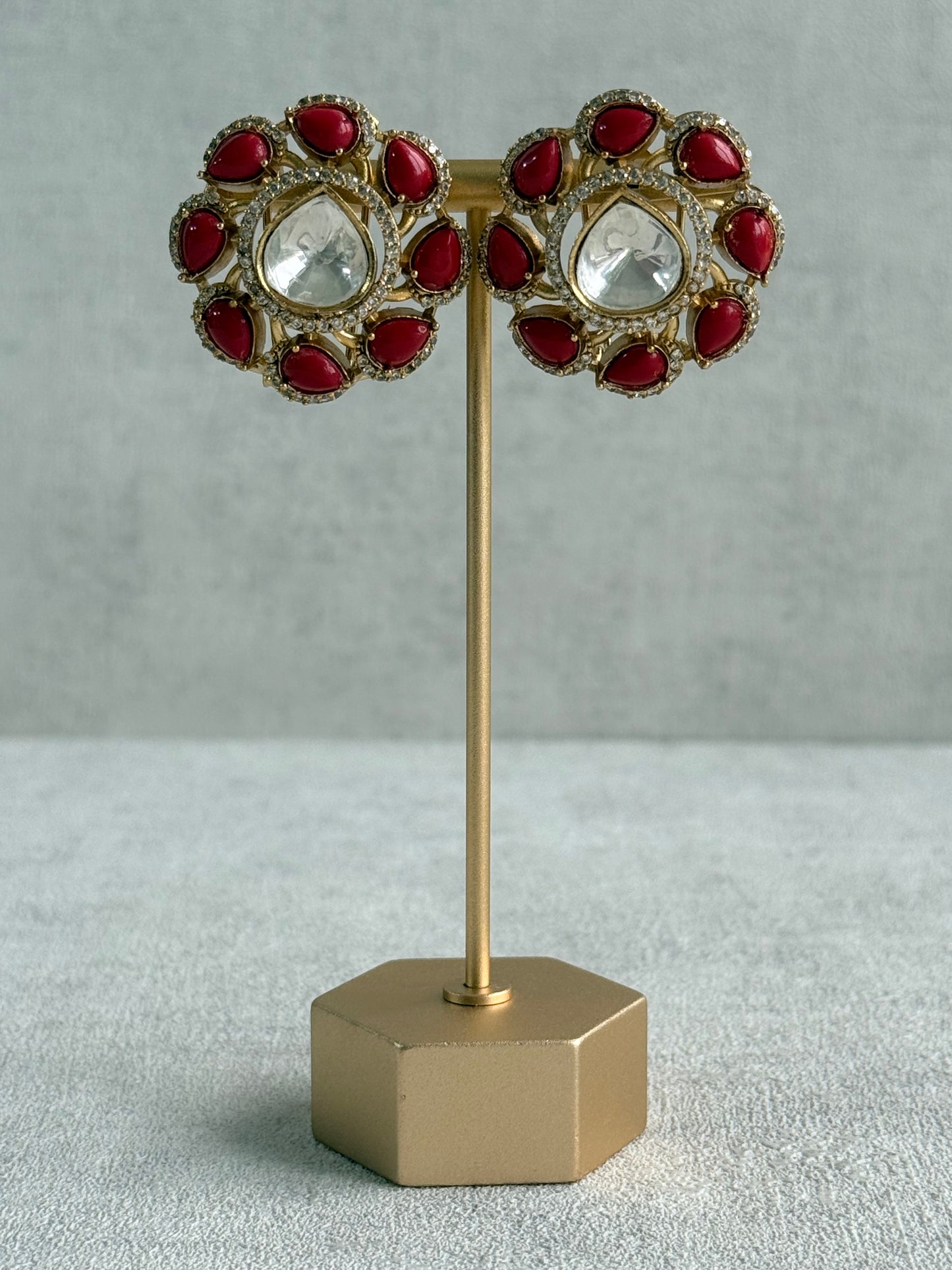 Ayura Designs Giana Stud Earrings – Ruby Red & Crystal Kundan with Gold Finish
