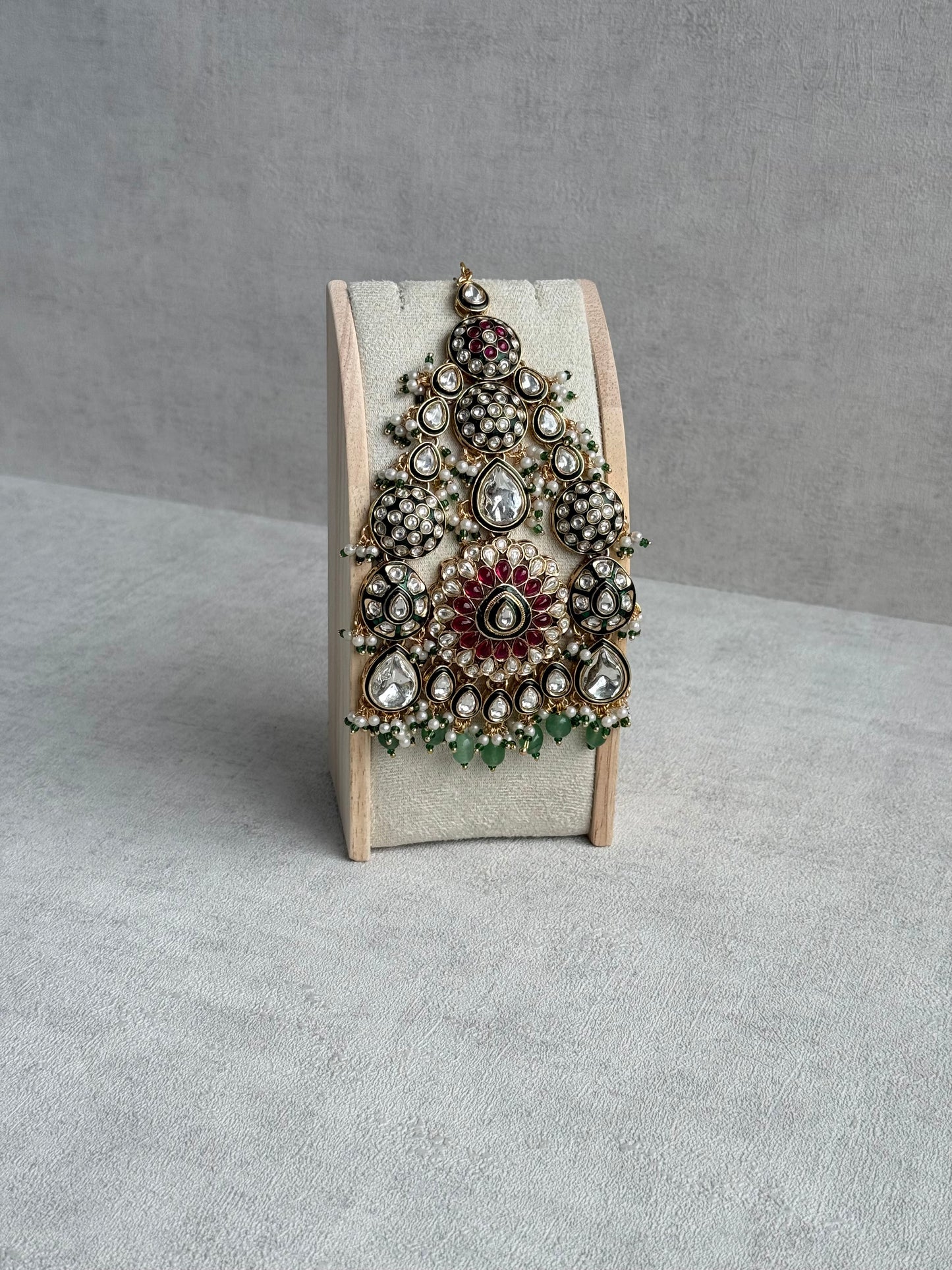 Ayura Designs Zoha Jhoomar Passa – Polki Kundan with Ruby Pink Floral Centre, Emerald Green Drops & Pearl Detailing