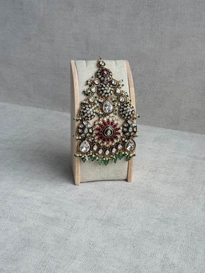 Ayura Designs Zoha Jhoomar Passa – Polki Kundan with Ruby Pink Floral Centre, Emerald Green Drops & Pearl Detailing