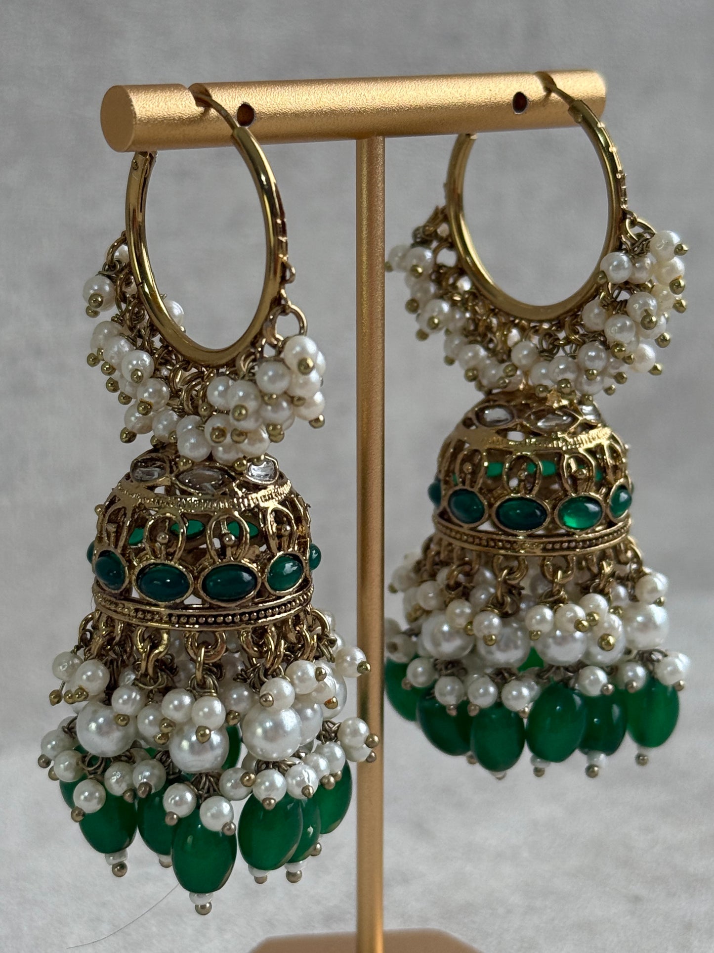 Ayura Designs Jugni Jhumkis – Antique Gold Balis with Emerald Beads & Pearl Clusters