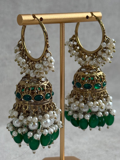 Ayura Designs Jugni Jhumkis – Antique Gold Balis with Emerald Beads & Pearl Clusters