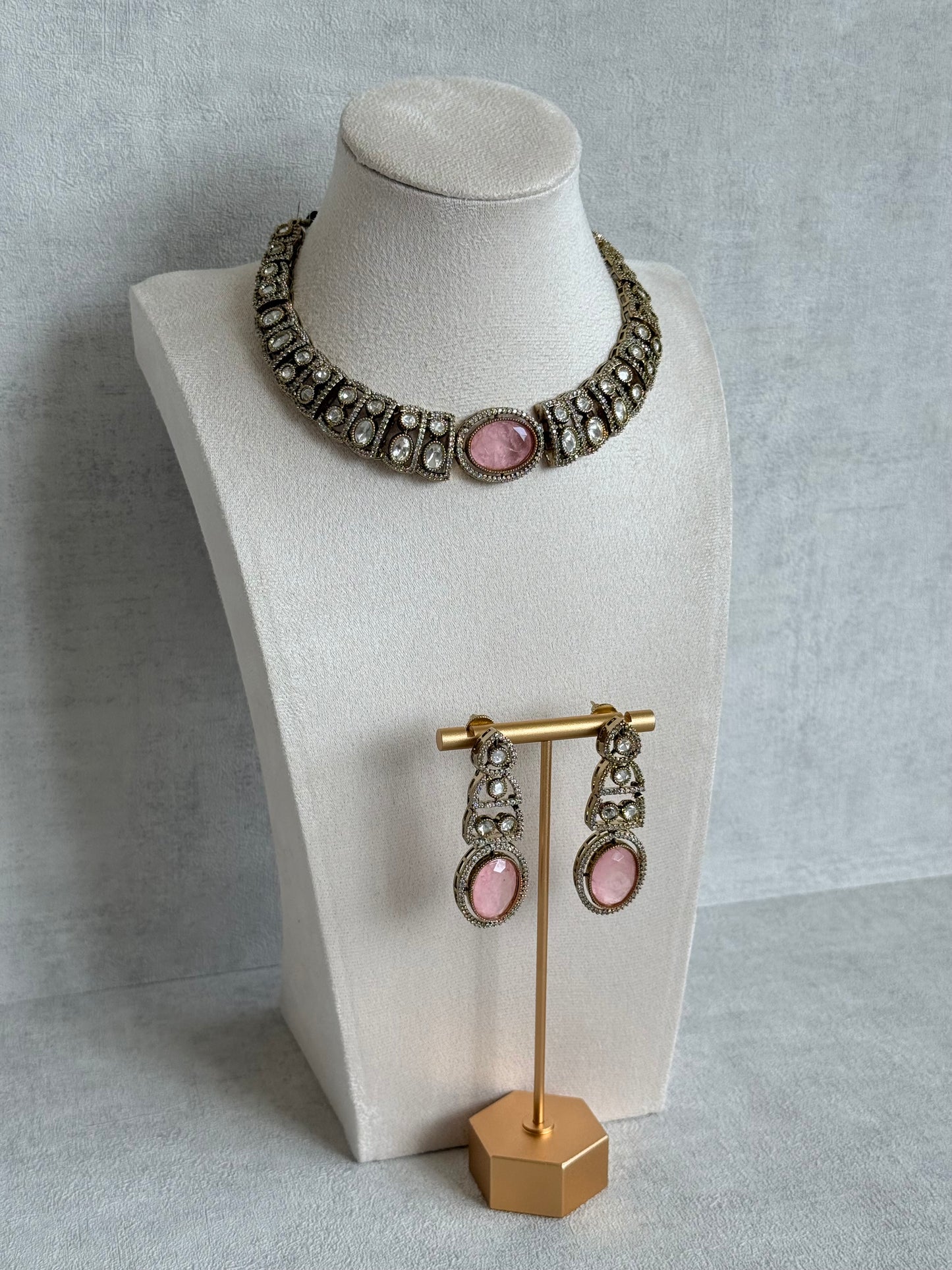 Ayura Designs Sadie Necklace Set with Earrings – Blush Pink Centre Stone, Moissanite Style Stones & Crystal Halo Detailing