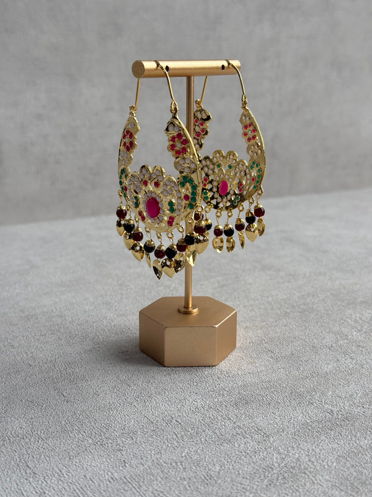 Ayura Designs Nimrat Balis – Pink & Multicolour Stones with Maroon & Green Beads and Pippal Patti Detailing