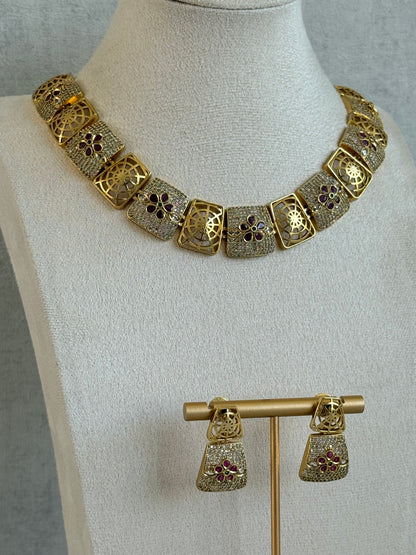 Ayura Designs Vibha Necklace & Stud Earrings Set – Gold Floral Statement Design with Ruby Pink & Crystal Detailing