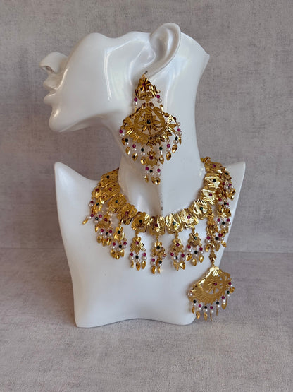 Ayura Designs Baisakhi Set with Earrings & Tikka – Gold Pipal Patti Design with Ruby Pink, Emerald Green & Pearl Detailing