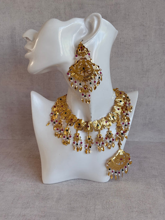 Ayura Designs Baisakhi Set with Earrings & Tikka – Gold Pipal Patti Design with Ruby Pink, Emerald Green & Pearl Detailing