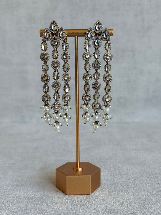 Ayura Designs Emilia Earrings – Gold Triple Strand Statement Earrings with Crystal Stones & Pearl Drops