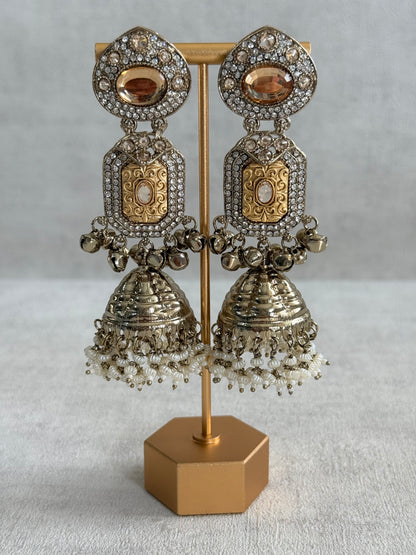 Ayura Designs Maara Jhumkis – Champagne Gold with Champagne Stones, Crystals, Ghungroos & Pearl Detailing