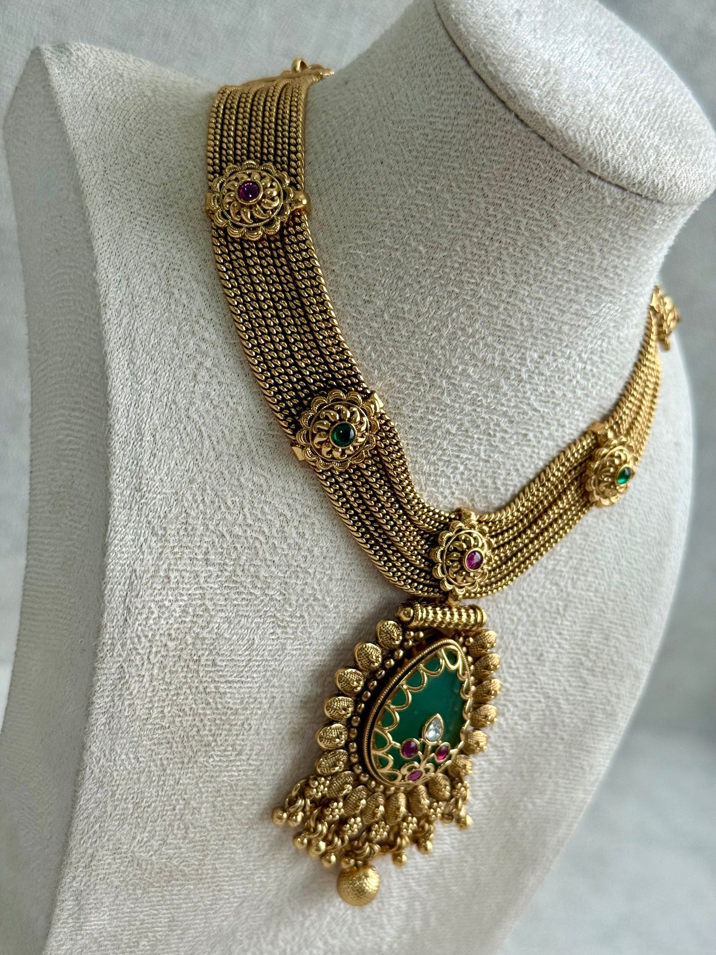Ayura Designs Ishani Set – Necklace & Earrings with Antique Gold Finish, Pistachio Enamel, Ruby & Polki Detailing
