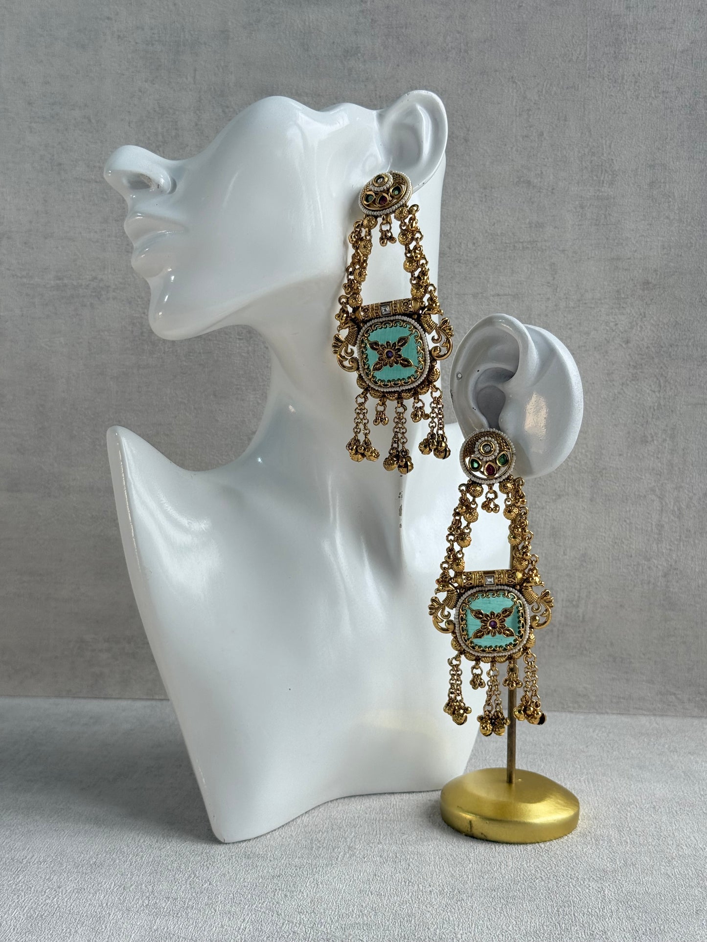 Ayura Designs Hazar Earrings – Gold Peacock Design with Mint Green Enamel, Multicoloured Stones, Pearl Beading & Ghungroo Detailing