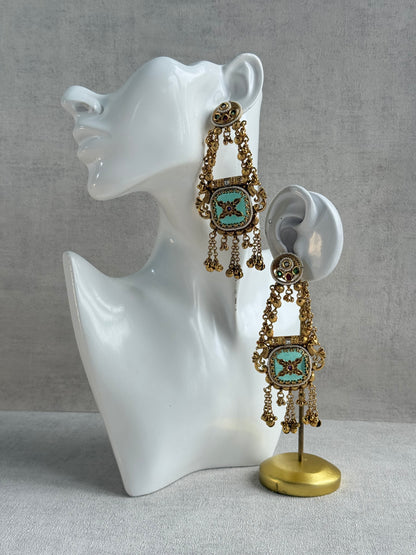 Ayura Designs Hazar Earrings – Gold Peacock Design with Mint Green Enamel, Multicoloured Stones, Pearl Beading & Ghungroo Detailing