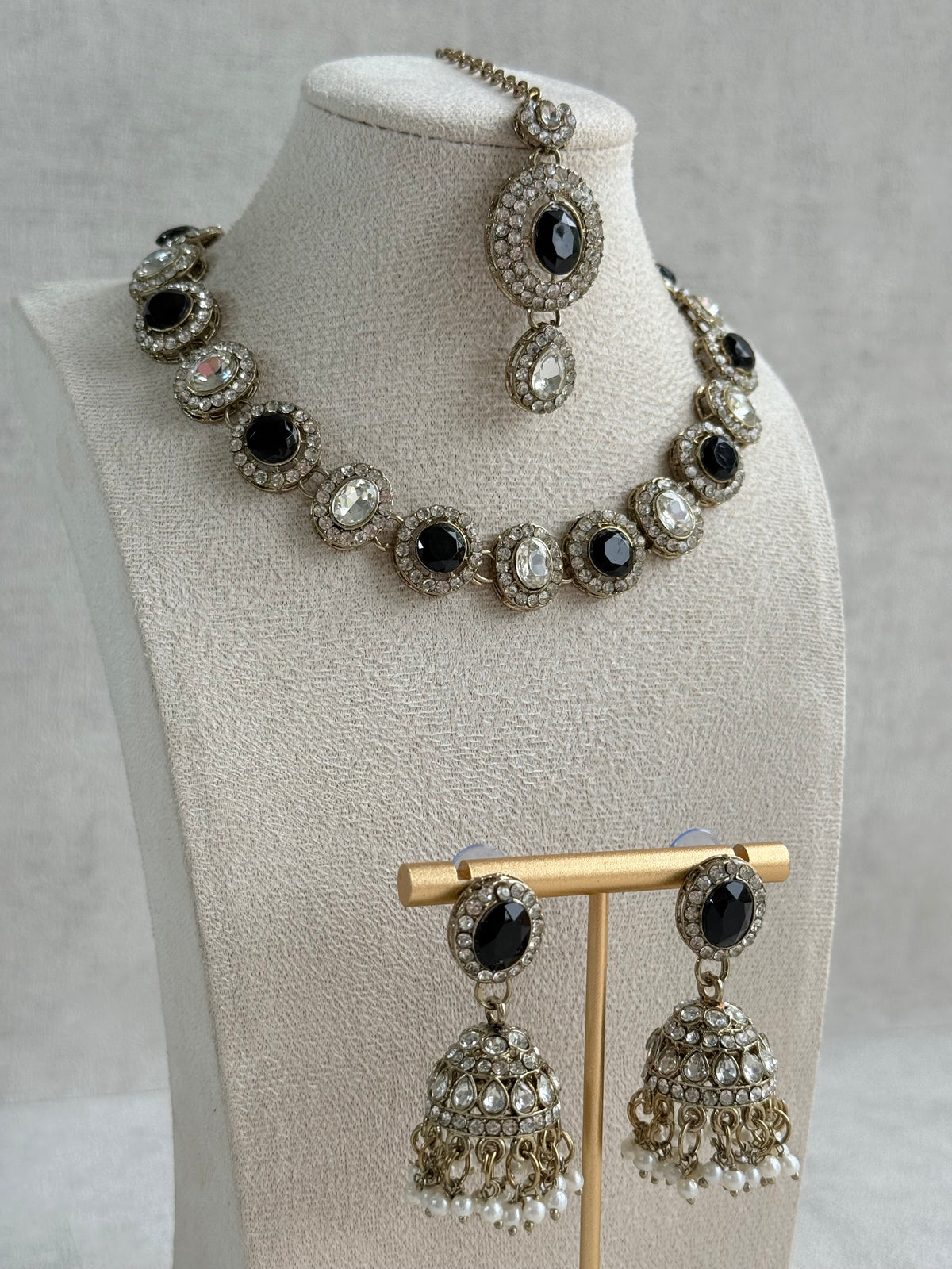 Ayura Designs Eira Necklace Set with Earrings & Tikka – Black & Crystal Stones with Antique Gold Finish