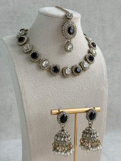 Ayura Designs Eira Necklace Set with Earrings & Tikka – Black & Crystal Stones with Antique Gold Finish