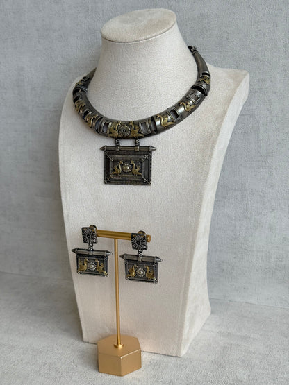 Ayura Designs Naina Necklace Set with Earrings – Dual Tone Oxidised Necklace with Bird Motifs, Black Stone Detailing & Statement Pendant