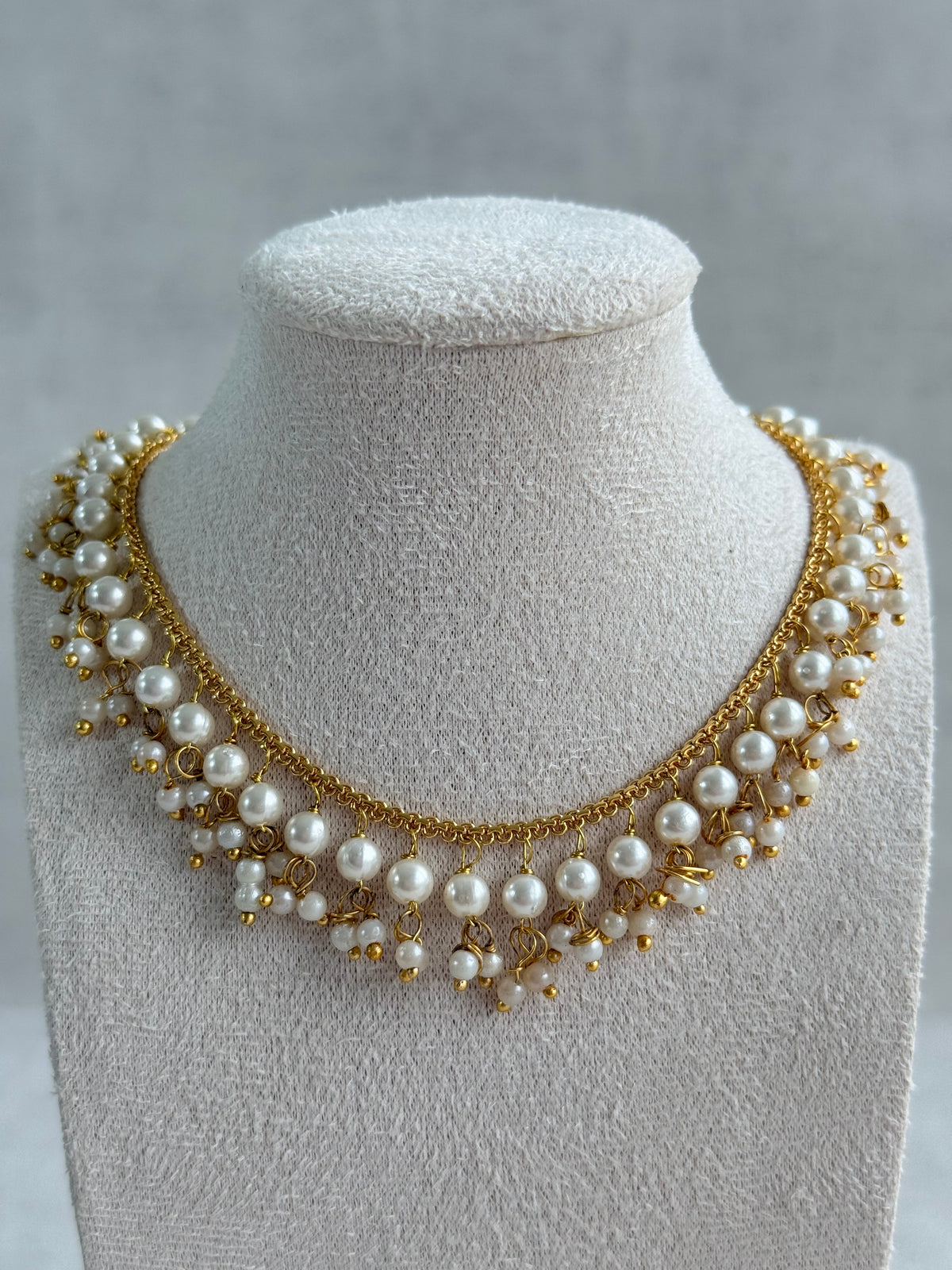 Ayura Designs Tarz Necklace Set with Earrings – Gold Pearl Layered Fringe Design with Pearl Drops