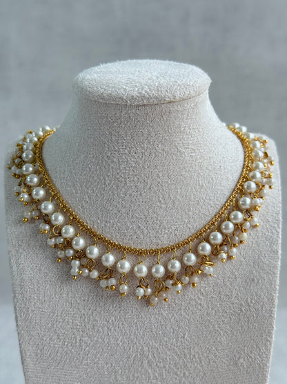 Ayura Designs Tarz Necklace Set with Earrings – Gold Pearl Layered Fringe Design with Pearl Drops