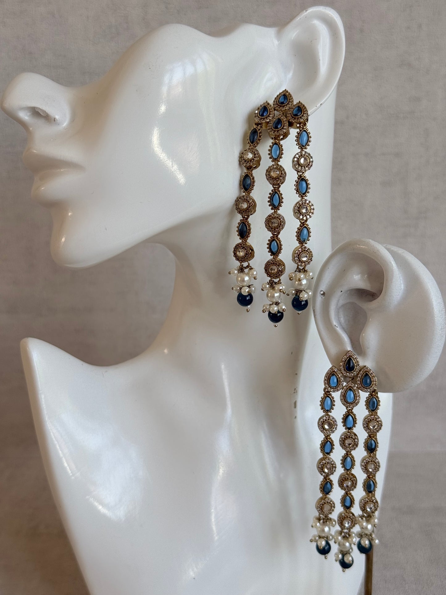 Ayura Designs Emilia Earrings – Gold Triple Strand Statement Earrings with Ink Blue Stones & Pearl Drops