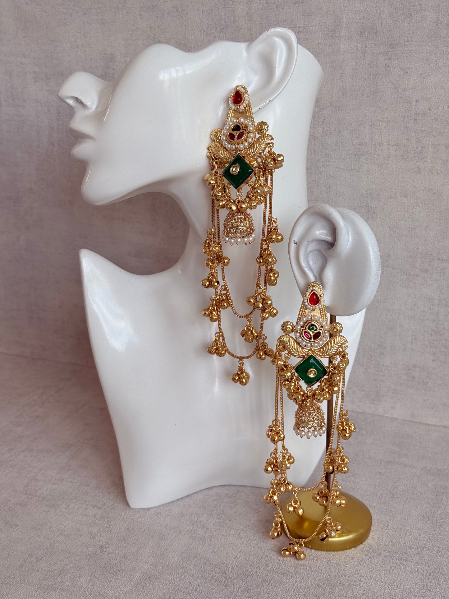 Ayura Designs Simal Earrings – Kashmiri Earrings with Green Stone, Multicoloured Detailing, Layered Ghungroo Chains & Jhumkis