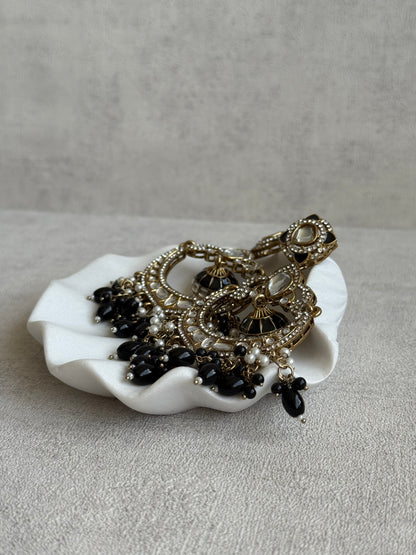 Ayura Designs Reha Earrings – Statement Chandbalis with Black Beads, Pearls & Mirror-Cut Stones