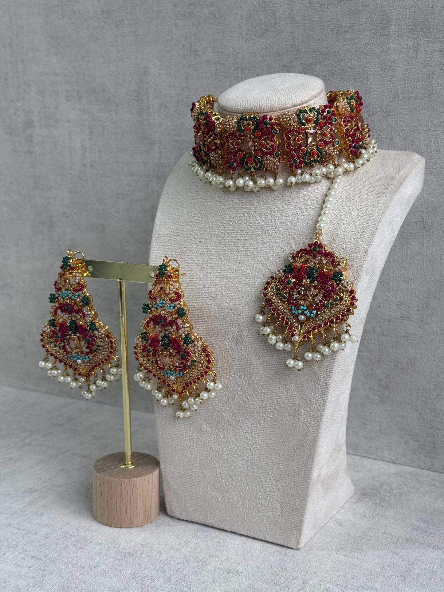Ayura Designs Mahnoor Navratan Choker Set with Earrings & Tikka – Antique Gold Finish, Multicolour Enamel & Pearl Detailing