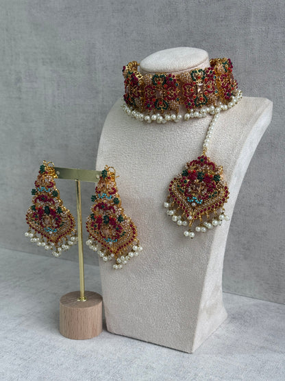 Ayura Designs Mahnoor Navratan Choker Set with Earrings & Tikka – Antique Gold Finish, Multicolour Enamel & Pearl Detailing