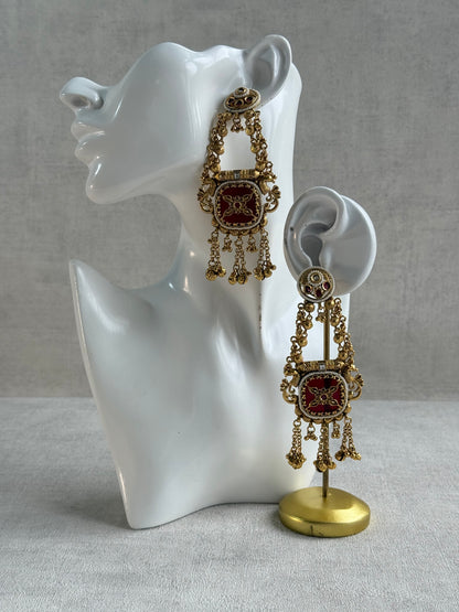 Ayura Designs Hazar Earrings – Gold Peacock Design with Ruby Red Enamel, Pearl Beading & Ghungroo Detailing