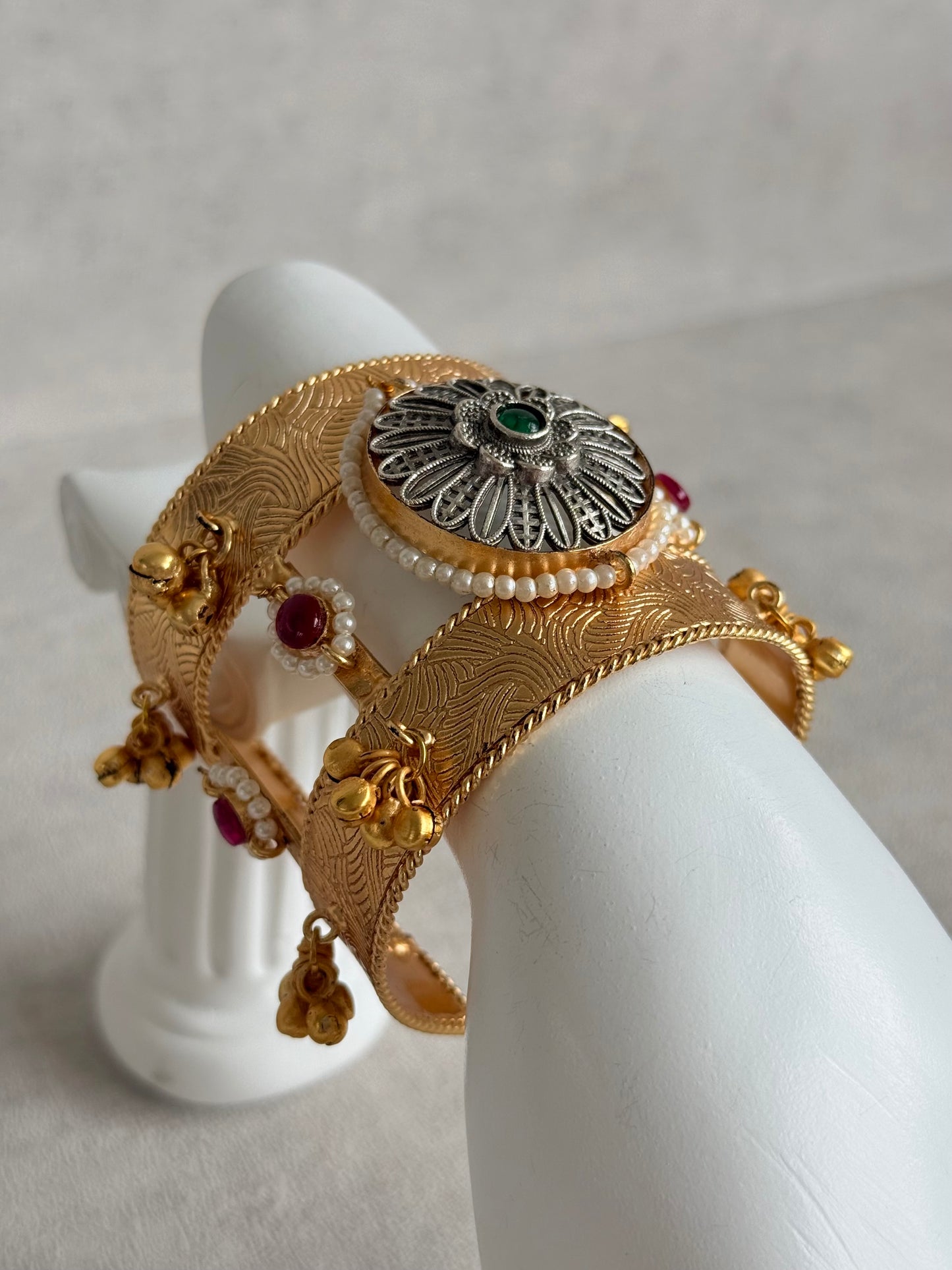 Ayura Designs Omita Adjustable Kashmiri Cuff Bracelet – Floral Medallion with Pearl, Ruby & Emerald Detailing