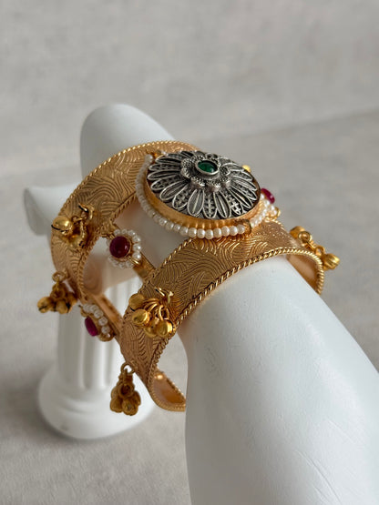 Ayura Designs Omita Adjustable Kashmiri Cuff Bracelet – Floral Medallion with Pearl, Ruby & Emerald Detailing