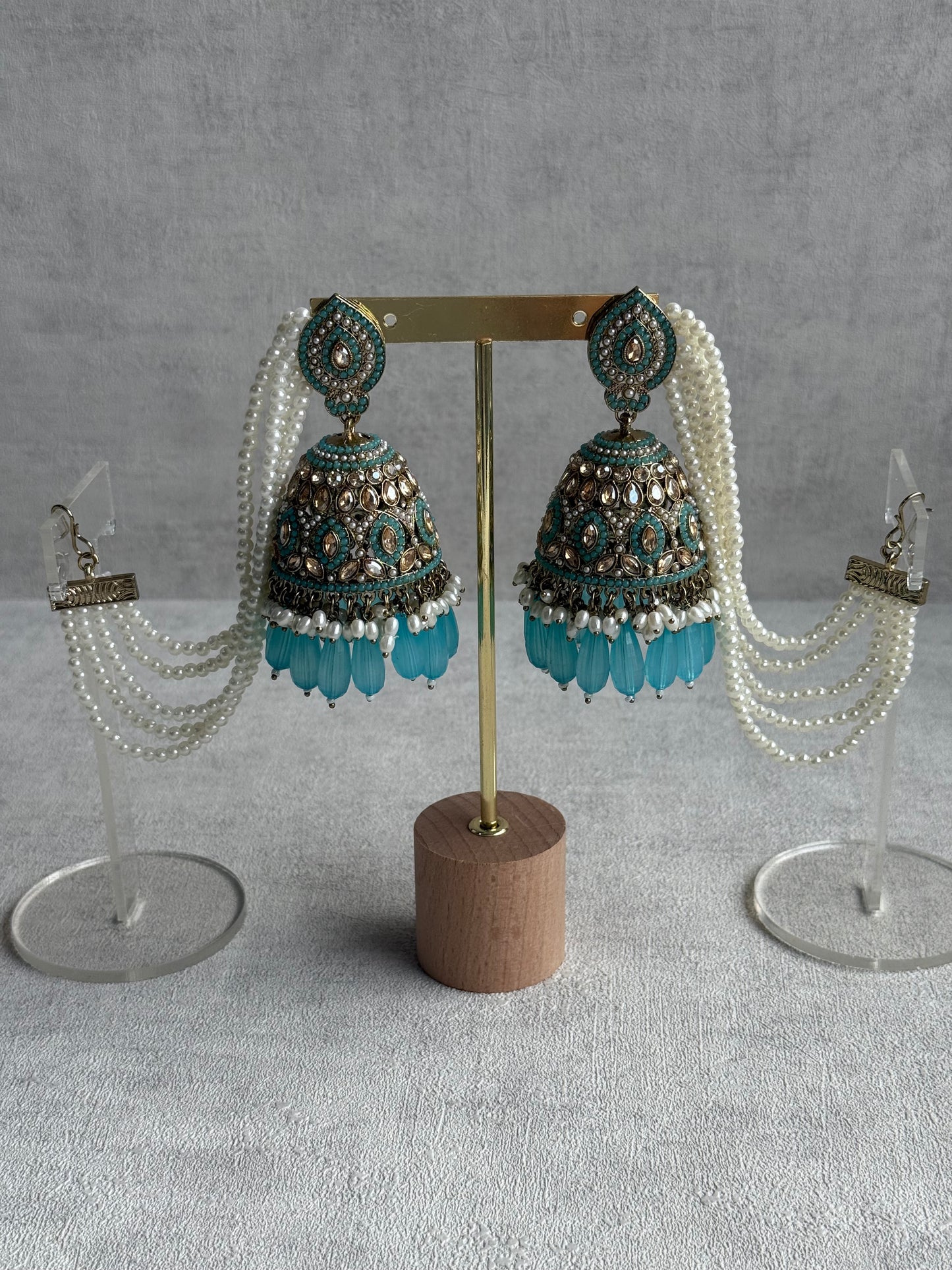 Ayura Designs Amrita Set – Jhumkis with Sahare & Tikka in Aqua Blue, Pearls and Antique Gold Finish