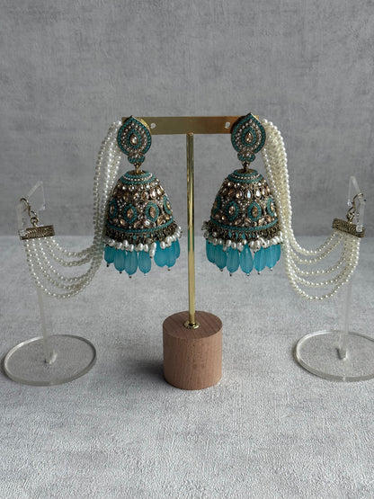 Ayura Designs Amrita Set – Jhumkis with Sahare & Tikka in Aqua Blue, Pearls and Antique Gold Finish