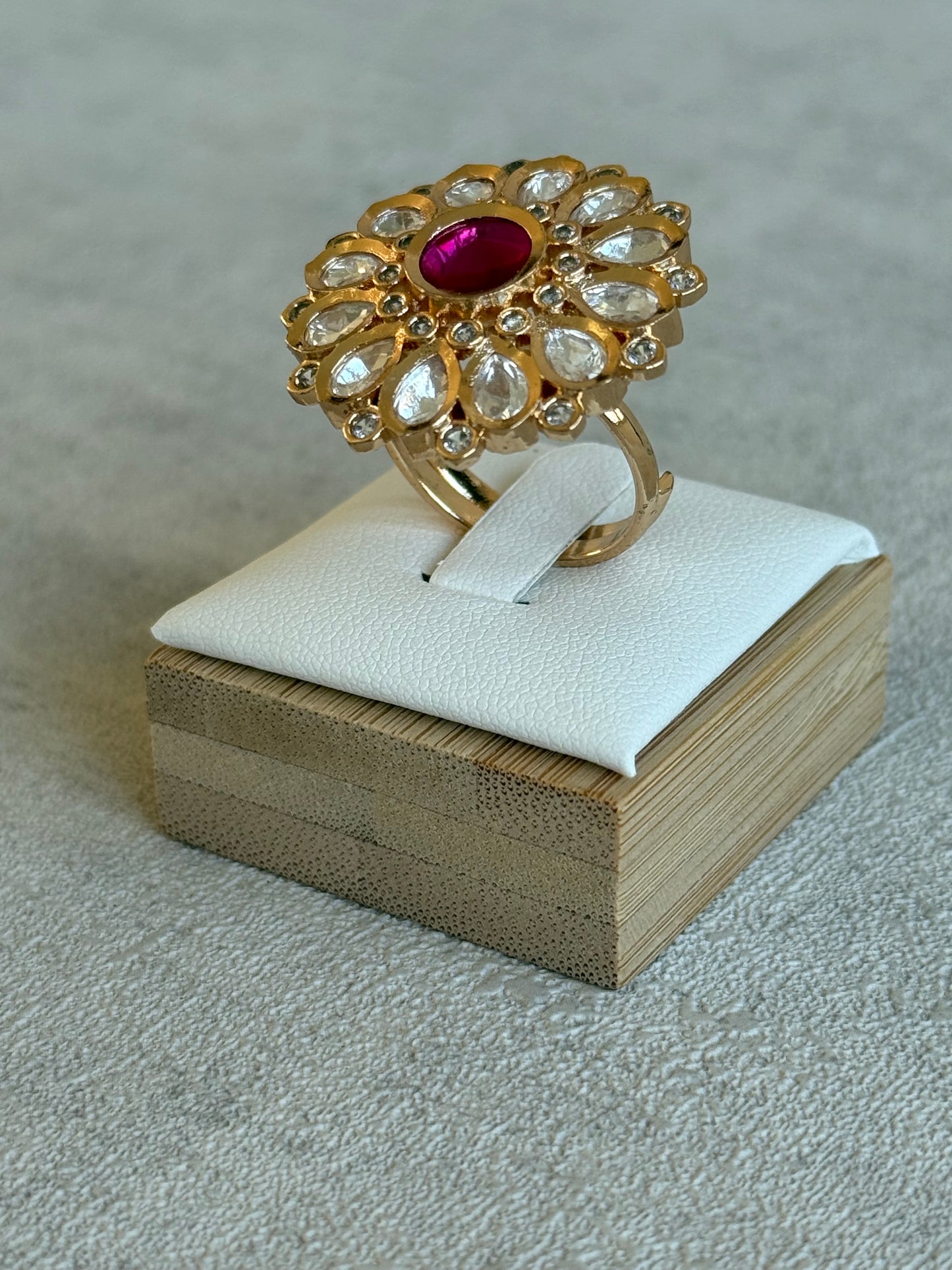 Ayura Designs Luisa Adjustable Ring – Pink Centre Stone with Crystal Petal Detailing