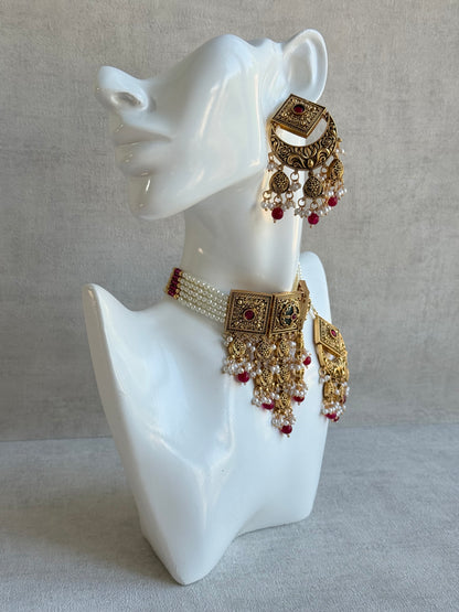 Ayura Designs Samera Choker Set with Earrings & Tikka – Rani Pink Beads, Pearl Detailing, Green Centre Stone, Floral Motifs & Antique Gold Finish