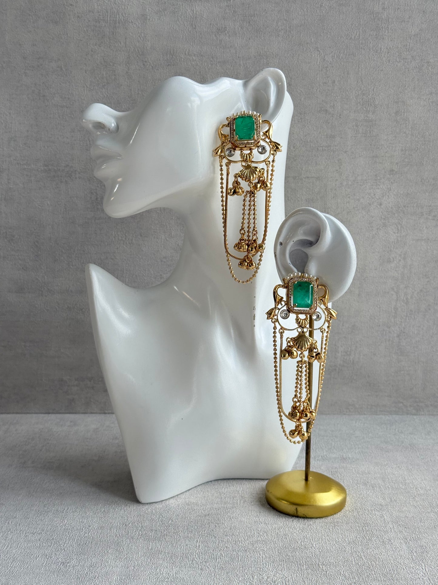Ayura Designs Jaid Earrings – Jade Green Floral Motif with Layered Chains & Ghungroos