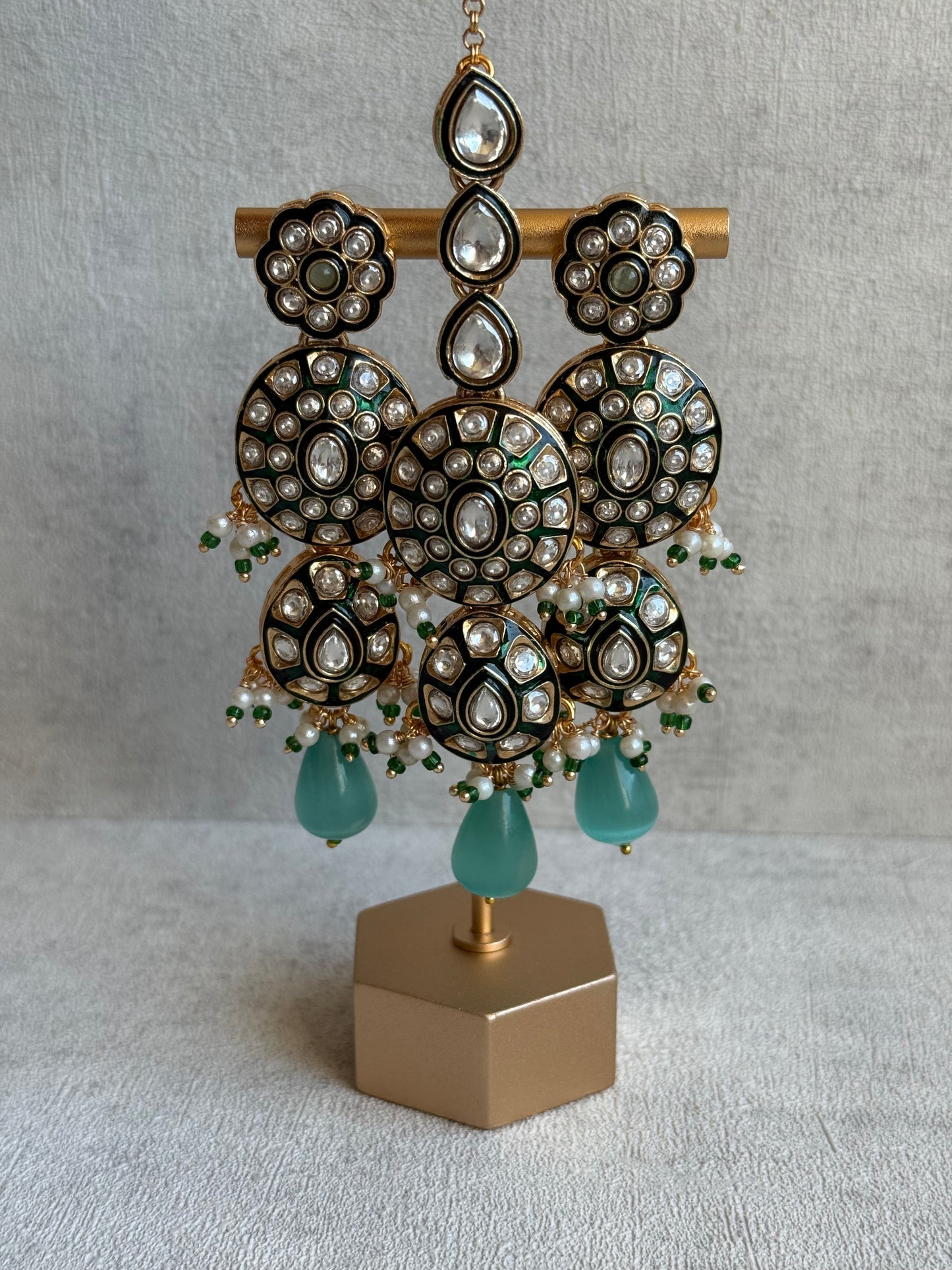 Ayura Designs Sumaira Set – Necklace, Earrings & Tikka with Kundan, Green Meenakari Detailing & Aqua Drops